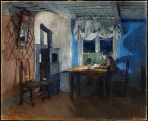 Faksimile_HarrietBacker Faksimile av Harriet Backer, Ved lampelys, 1890, Rasmus Meyers Samlinger.