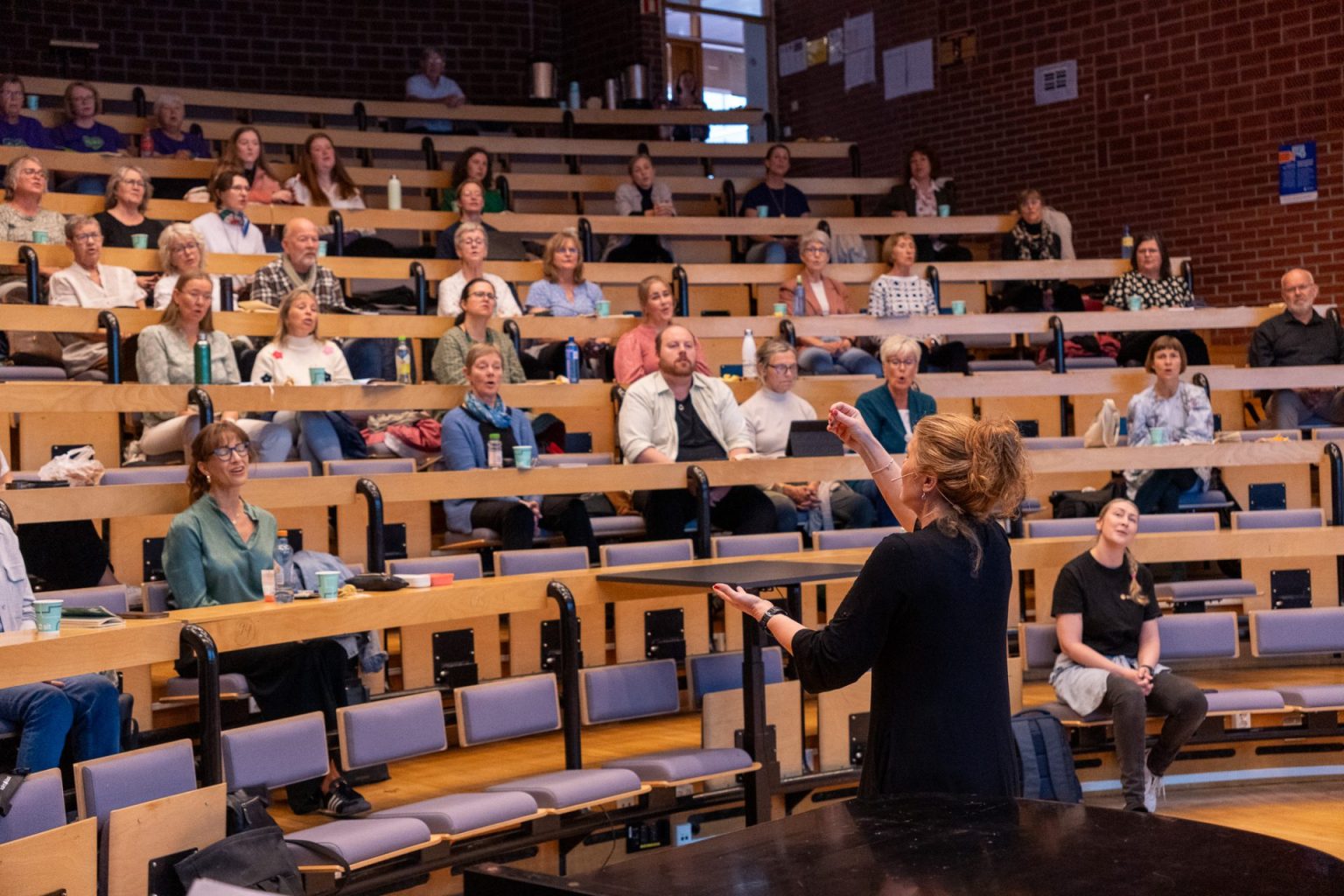 Solgunn Knardal dirigerer mens publikum synger.
