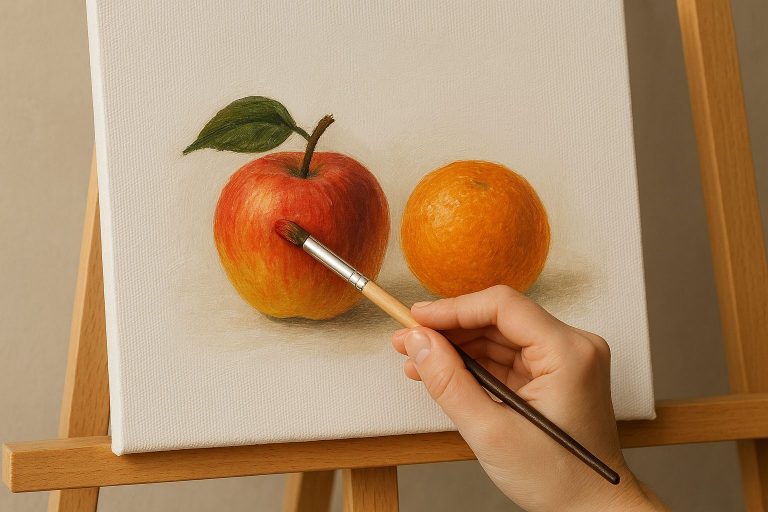 En hånd maler et eple og en appelsin på et lerret.